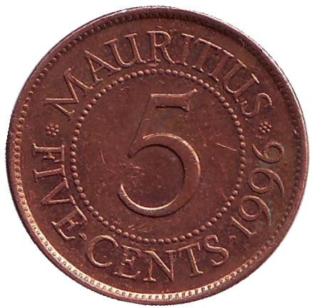 Монета 5 центов, 1996 год, Маврикий.