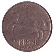 Монета 1 крона. 1964 год, Норвегия. Лошадь. Монета 1 крона. 1964 год, Норвегия. Лошадь.