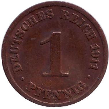 Монета 1 пфенниг. 1911 год (J), Германская империя.