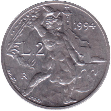 ​Монета 2 лиры. 1994 год, Сан-Марино. Каменщик.