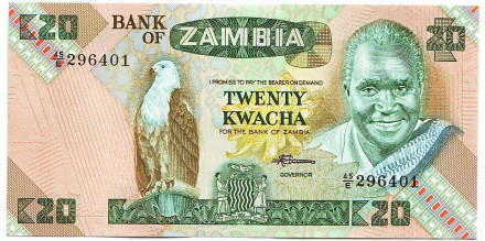 Банкнота 20 квача. 1980-1988 гг., Замбия. Орлан-крикун. P-27е.