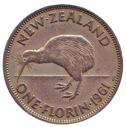 Монета 1 флорин. 1961 год, Новая Зеландия. Киви (птица).