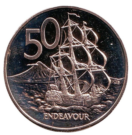 Монета 50 центов, 1984 год, Новая Зеландия. UNC. Парусник "Endeavour".