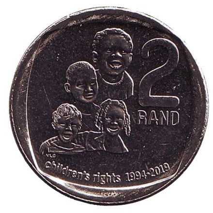 Монета 2 ранда. 2019 год, ЮАР. Права детей. 25 лет конституционной демократии в Южной Африке.
