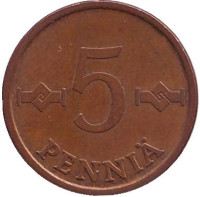 Монета 5 пенни. 1973 год, Финляндия.