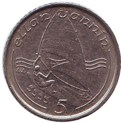 Монета 5 пенсов. 1993 год, Остров Мэн. Виндсерфинг.