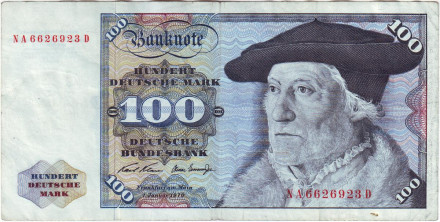 Банкнота 100 марок. 1970 год, ФРГ. Себастиан Мюнстер. Орел.