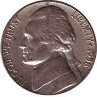 Джефферсон. Монтичелло. Монета 5 центов. 1958 год (D), США.