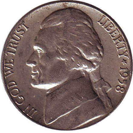 Монета 5 центов. 1958 год (D), США. Джефферсон. Монтичелло.