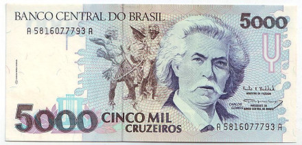Банкнота 5000 крузейро. 1990-1993 гг., Бразилия. Тип 3. Карлос Гомес.