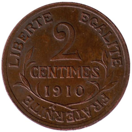 Монета 2 сантима. 1910 год, Франция.
