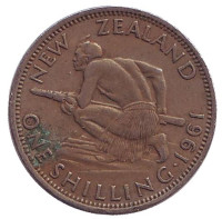 Воин Маори. Монета 1 шиллинг. 1961 год, Новая Зеландия.