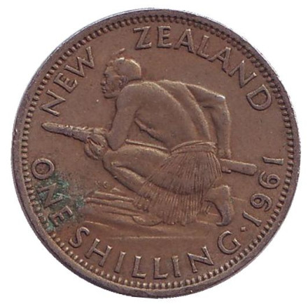 Монета 1 шиллинг. 1961 год, Новая Зеландия. Воин Маори.
