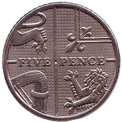 Монета 5 пенсов. 2008 год, Великобритания. Новый тип.