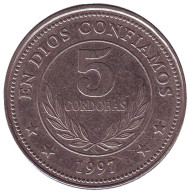 Монета 5 кордоб. 1997 год, Никарагуа. Горы-вулканы. Монета 5 кордоб. 1997 год, Никарагуа. Горы-вулканы.