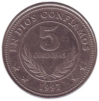 Горы-вулканы. Монета 5 кордоб. 1997 год, Никарагуа. 