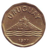 Здание на холме. Монета 20 сентесимо. 1977 год, Уругвай.