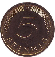 Дубовые листья. Монета 5 пфеннигов. 1983 год (D), ФРГ. UNC.