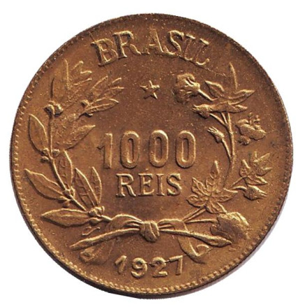 Монета 1000 рейсов. 1927 год, Бразилия. aUNC.