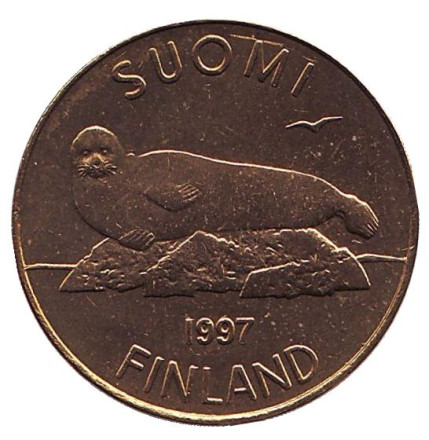 Монета 5 марок. 1997 год, Финляндия. UNC. Тюлень.