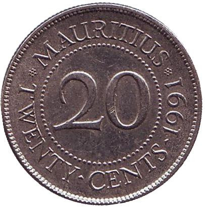 Монета 20 центов. 1991 год, Маврикий.