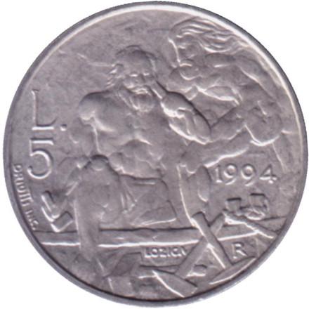 Монета 5 лир. 1994 год, Сан-Марино. Марино и Лео.