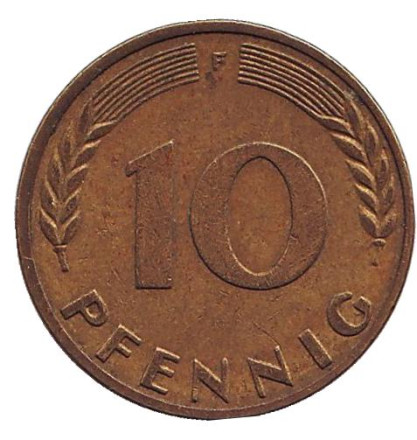 Монета 10 пфеннигов. 1969 год (F), ФРГ. Дубовые листья.