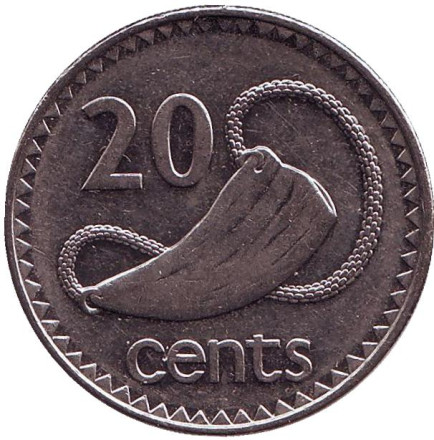 Монета 20 центов. 1998 год, Фиджи. Культовый атрибут Tabua (зуб кита) на плетеном шнурке.