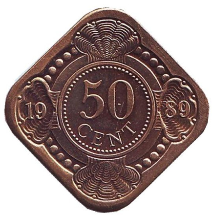 Монета 50 центов. 1989 год, Нидерландские Антильские острова. UNC.