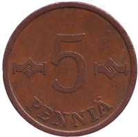 Монета 5 пенни. 1974 год, Финляндия.