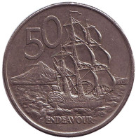 Парусник "Endeavour". Монета 50 центов, 1988 год, Новая Зеландия. 