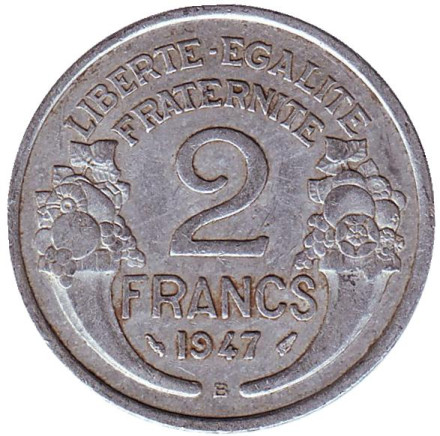 Монета 2 франка. 1947 B год, Франция.