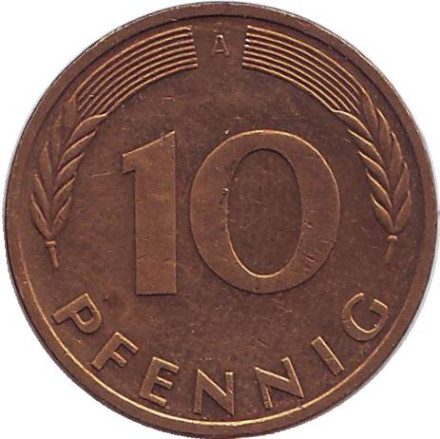 Монета 10 пфеннигов. 1993 год (A), ФРГ. Дубовые листья.