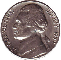 Джефферсон. Монтичелло. Монета 5 центов. 1959 год (D), США.