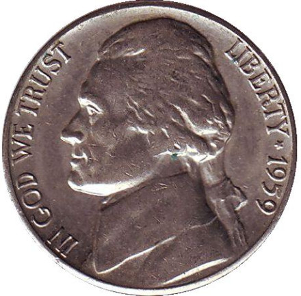 Монета 5 центов. 1959 год (D), США. Джефферсон. Монтичелло.