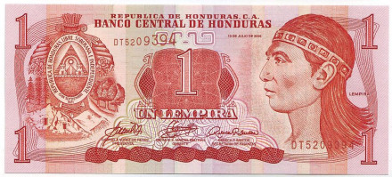 Банкнота 1 лемпира. 2006 год, Гондурас. Вождь Лемпира.