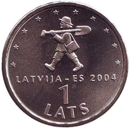 Монета 1 лат, 2004 год, Латвия. Спридитис. (Мальчик с пальчик).