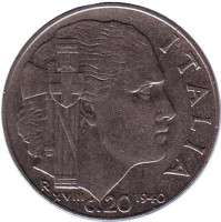 Виктор Эммануил III. Монета 20 чентезимо. 1940 год, Италия. (Немагнитные, ребристый гурт)