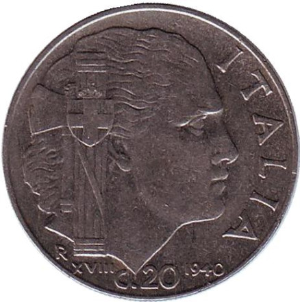 Монета 20 чентезимо. 1940 год, Италия. (Немагнитные, ребристый гурт) Виктор Эммануил III.