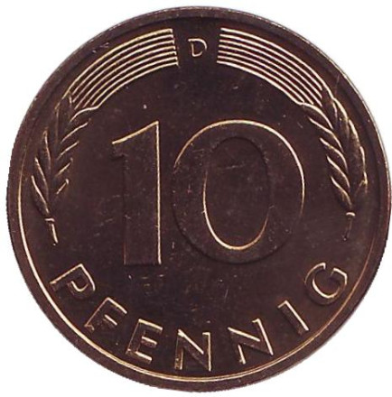Монета 10 пфеннигов. 1983 год (D), ФРГ. UNC. Дубовые листья.