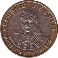 Индеец Мапуче. Монета 100 песо. 2011 год, Чили.
