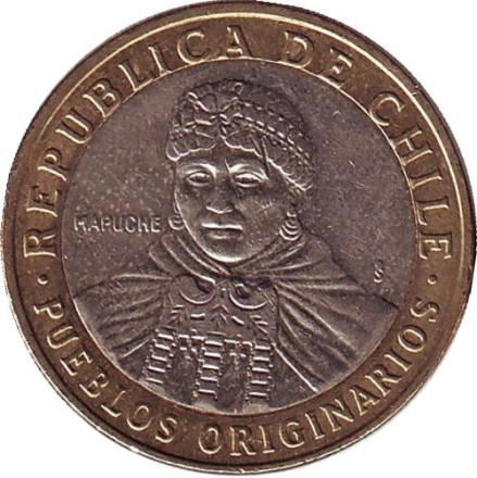 Монета 100 песо. 2011 год, Чили. Индеец Мапуче.