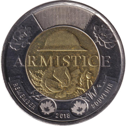 Монета 2 доллара. 2018 год, Канада. 100 лет со дня окончания Первой Мировой войны.