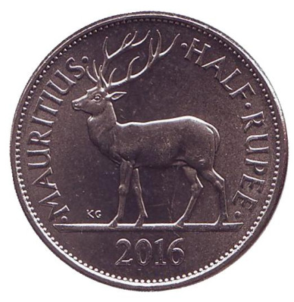 Монета 1/2 рупии. 2016 год, Маврикий. Олень. Сивусагур Рамгулам.