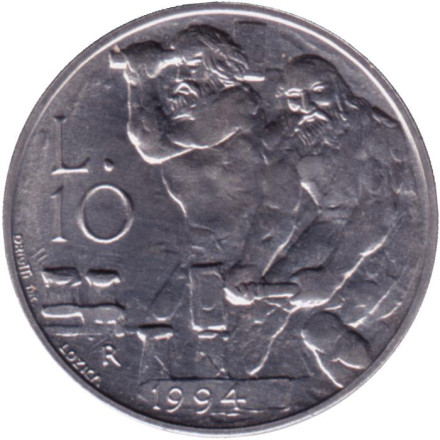 Монета 10 лир. 1994 год, Сан-Марино. Марино и Лео.