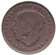 Монета 2 марки. 1970 год (D), ФРГ. Теодор Хойс. Монета 2 марки. 1970 год (D), ФРГ. Теодор Хойс.