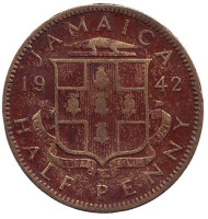 Монета 1/2 пенни. 1942 год, Ямайка.