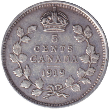 Монета 5 центов. 1919 год, Канада.