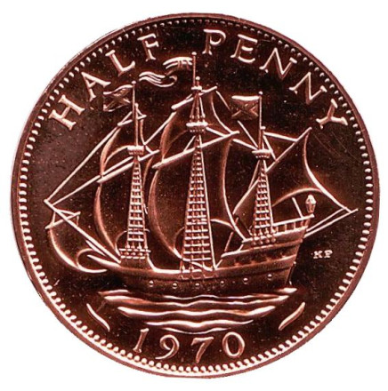 Монета 1/2 пенни. 1970 год, Великобритания. "Золотая лань".