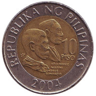 Монета 10 песо, 2004 год, Филиппины. Монета 10 песо, 2004 год, Филиппины.